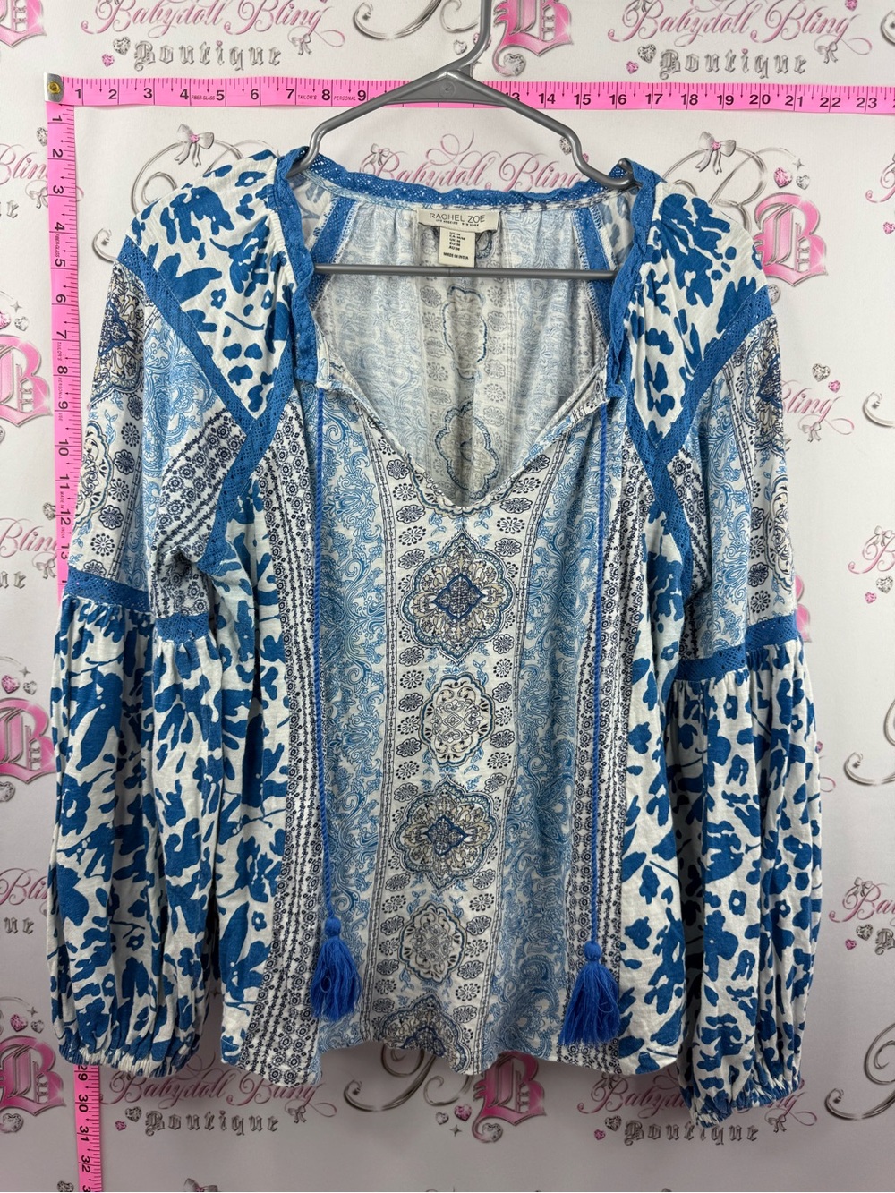 Rachel Zoe shirt top tassles Blue & White Boho Printed Peasant Tunic